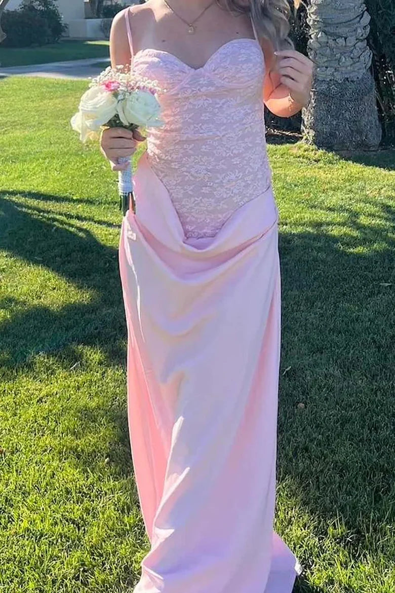 Spaghetti Strap Pink Sheath Prom Dress Satin Formal Dress  P1140