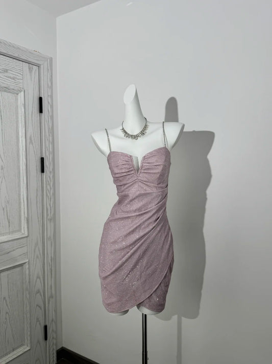 Spaghetti Strap Pink Sparkle Homecoming Dress Short Birthday Dress  P1299