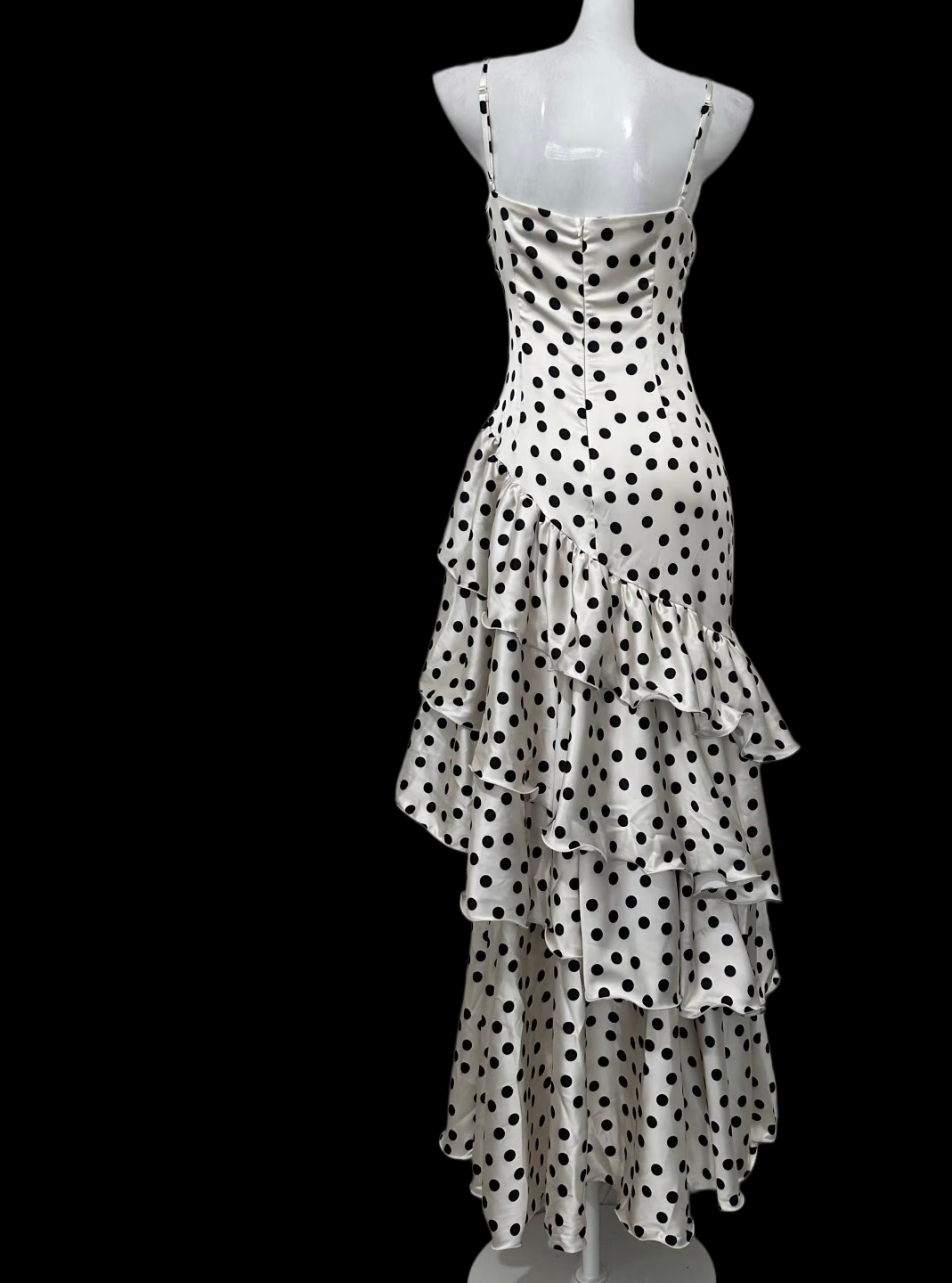 Spaghetti Strap Polka Dots Satin Prom Dress Ruffled Formal Party Dress  P900