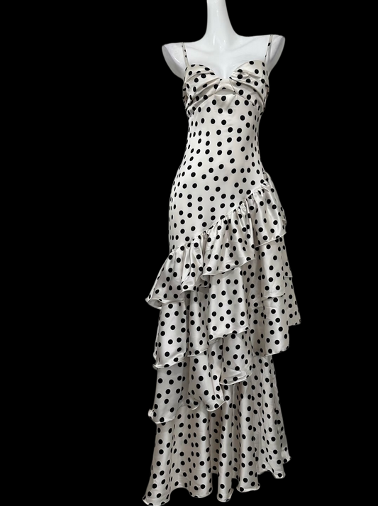 Spaghetti Strap Polka Dots Satin Prom Dress Ruffled Formal Party Dress  P900