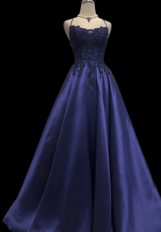 Spaghetti Strap Purple A Line Prom Dress With Appliques  P1059