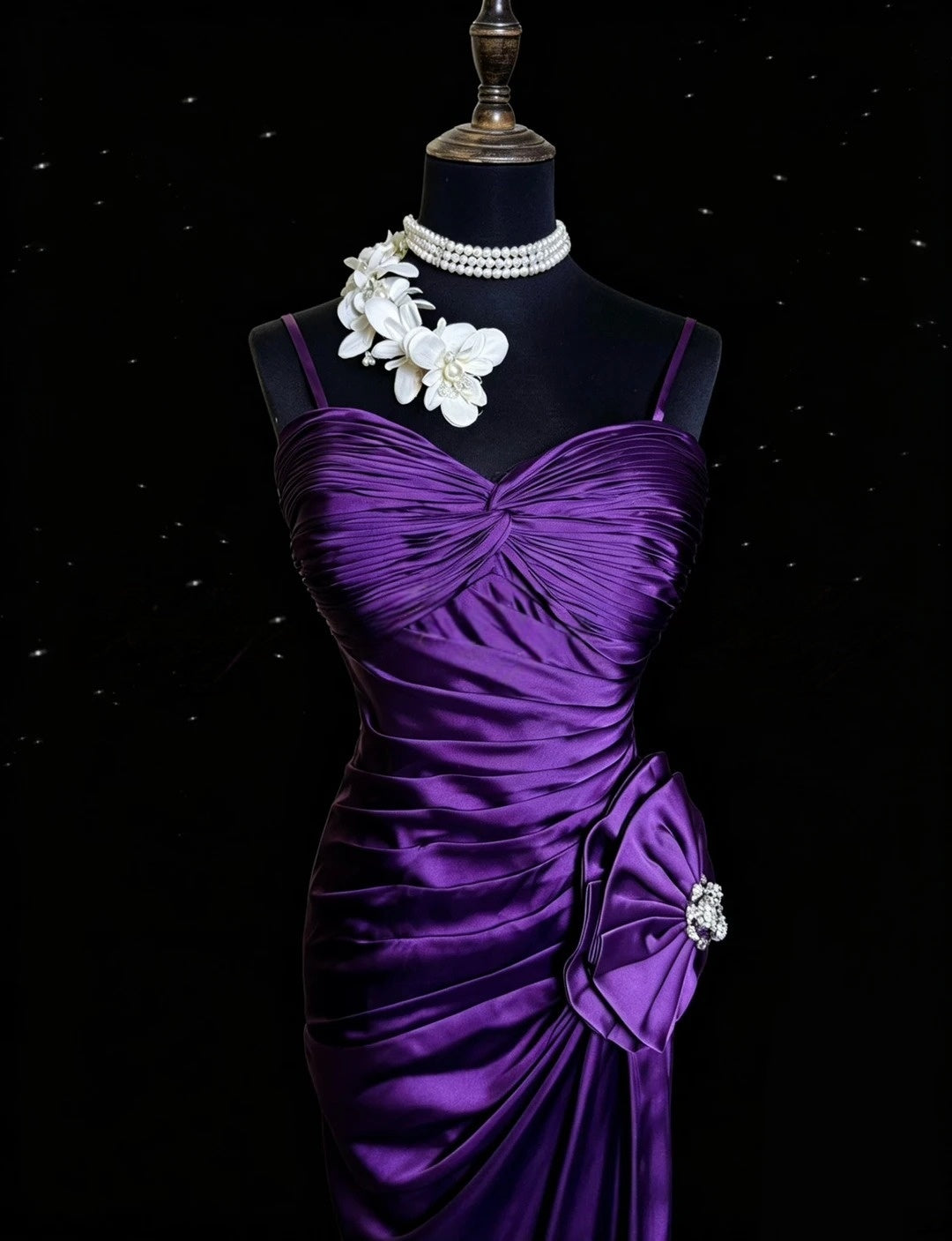 Spaghetti Strap Purple Satin Prom Dress Mermaid Evening Dress  P1312