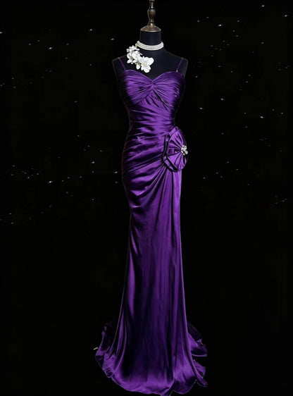 Spaghetti Strap Purple Satin Prom Dress Mermaid Evening Dress  P1312