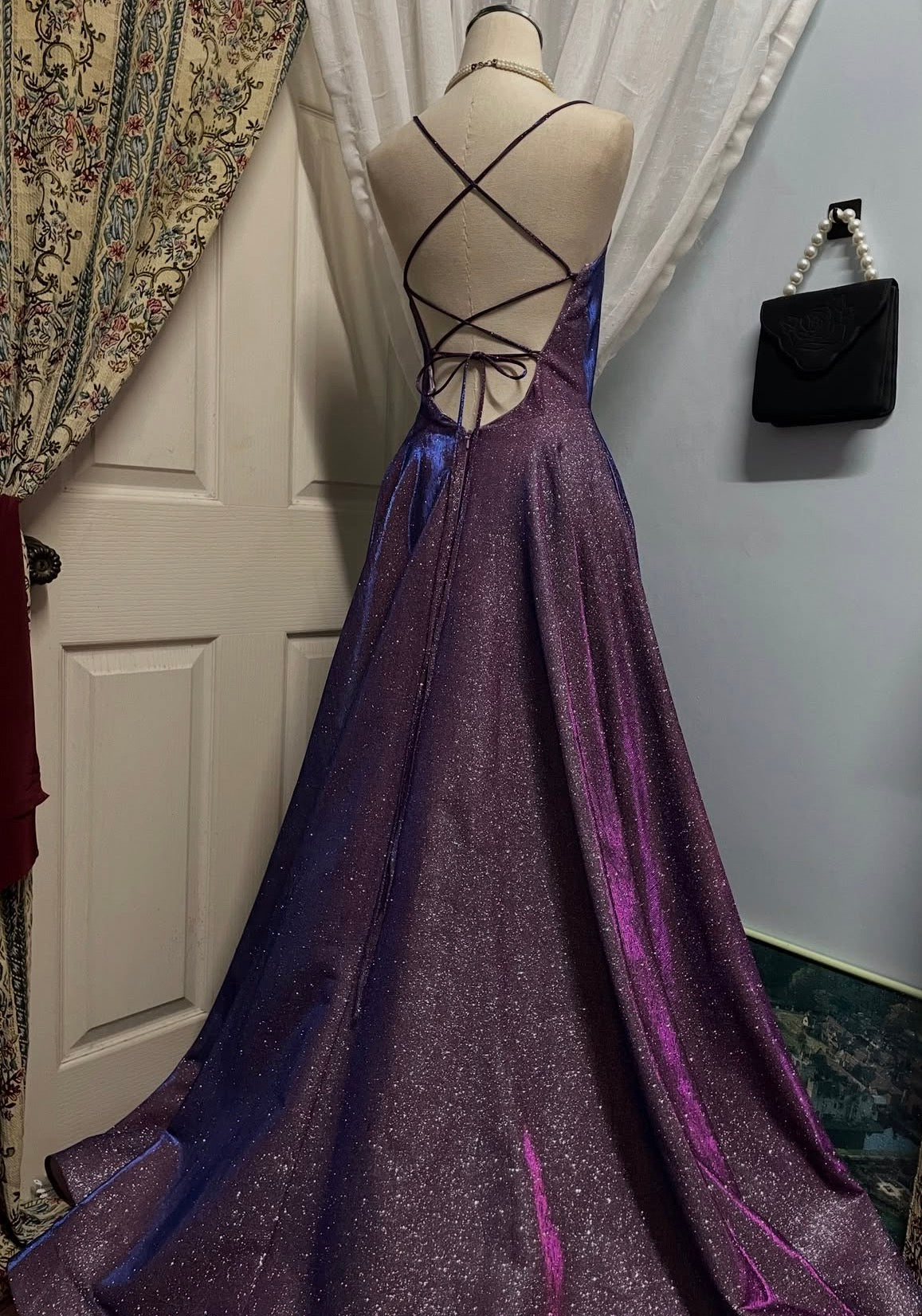 Spaghetti Strap Purple Sparkle Prom Dress Open Back Evening Gown  P1608