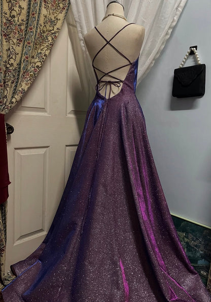 Spaghetti Strap Purple Sparkle Prom Dress Open Back Evening Gown  P1608