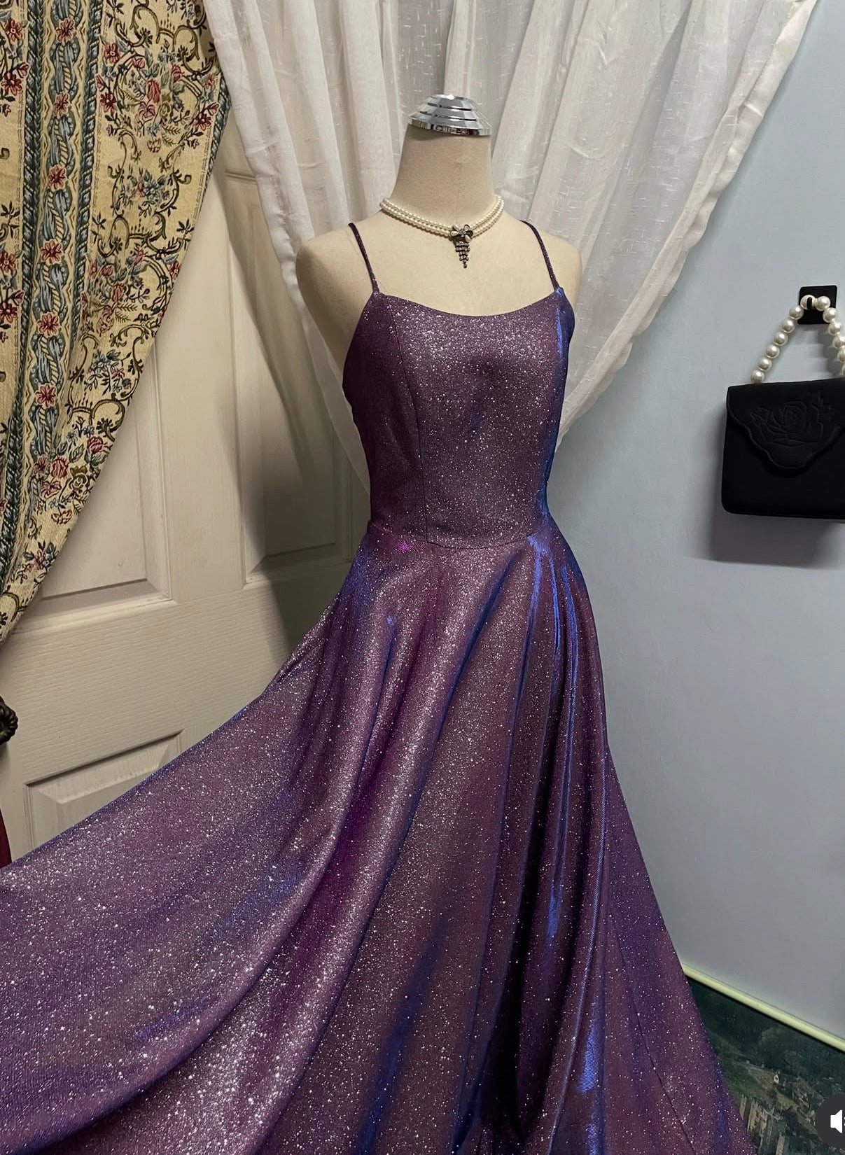 Spaghetti Strap Purple Sparkle Prom Dress Open Back Evening Gown  P1608