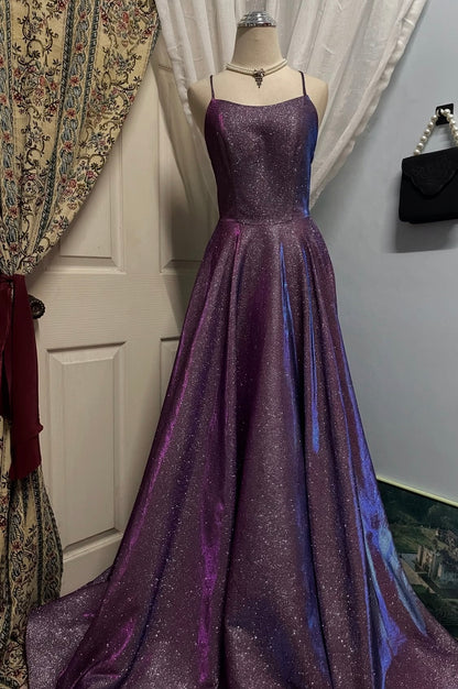 Spaghetti Strap Purple Sparkle Prom Dress Open Back Evening Gown  P1608