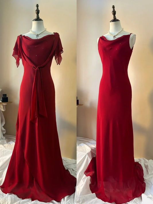 Spaghetti Strap Red Chiffon Evening Dress Formal Prom Dress  P1358