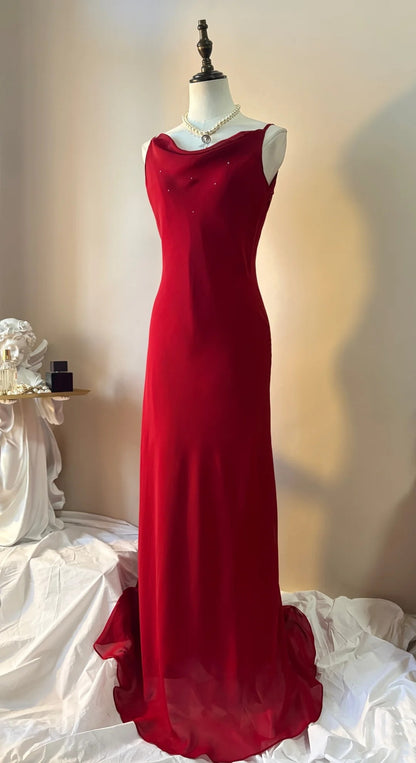Spaghetti Strap Red Chiffon Evening Dress Formal Prom Dress  P1358