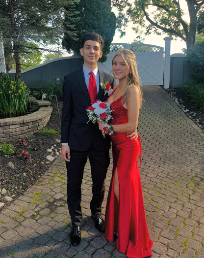 Spaghetti Strap Red Satin Prom Dress Appliques Evening Gown  P1606