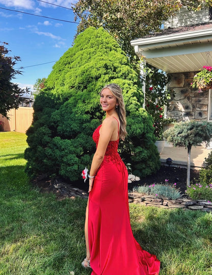 Spaghetti Strap Red Satin Prom Dress Appliques Evening Gown  P1606