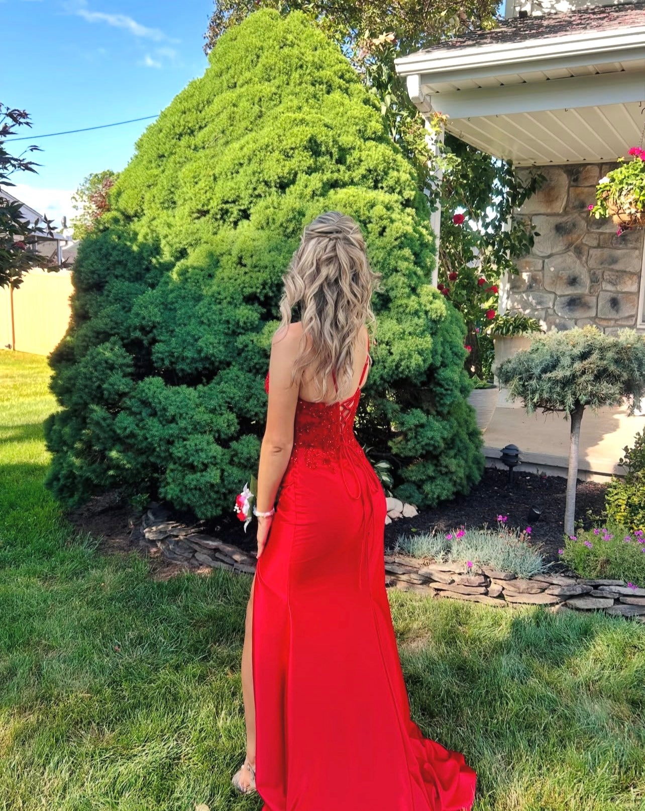 Spaghetti Strap Red Satin Prom Dress Appliques Evening Gown  P1606
