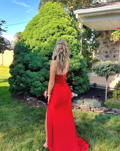 Spaghetti Strap Red Satin Prom Dress Appliques Evening Gown  P1606