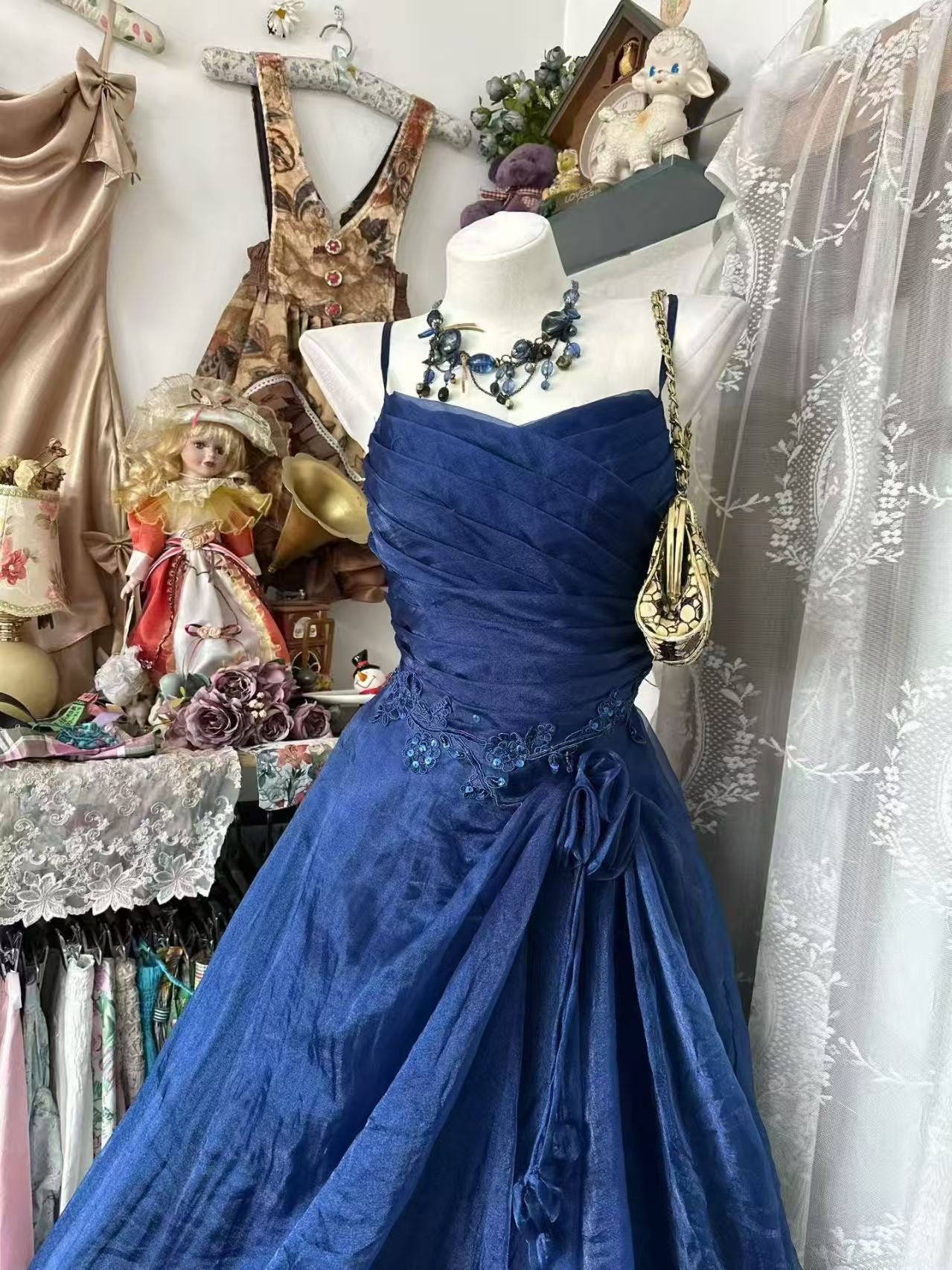 Spaghetti Strap Royal Blue Prom Dress With Appliques  P1209