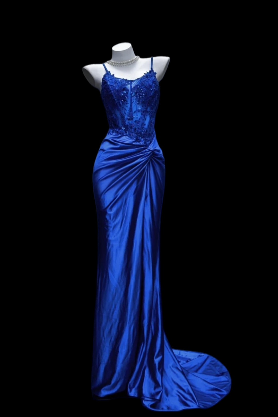 Spaghetti Strap Royal Blue Satin Mermaid Prom Dress With Appliques  P1735