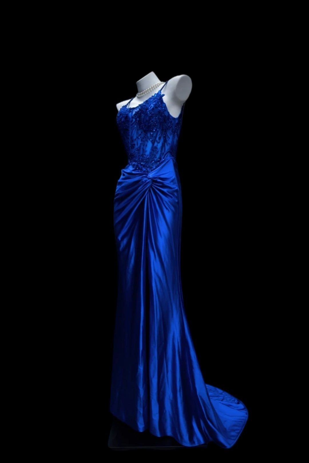 Spaghetti Strap Royal Blue Satin Mermaid Prom Dress With Appliques  P1735
