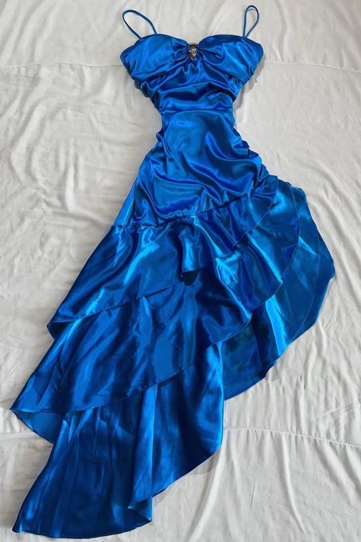 Spaghetti Strap Royal Blue Satin Prom Dress Retro Evening Dress  P1424