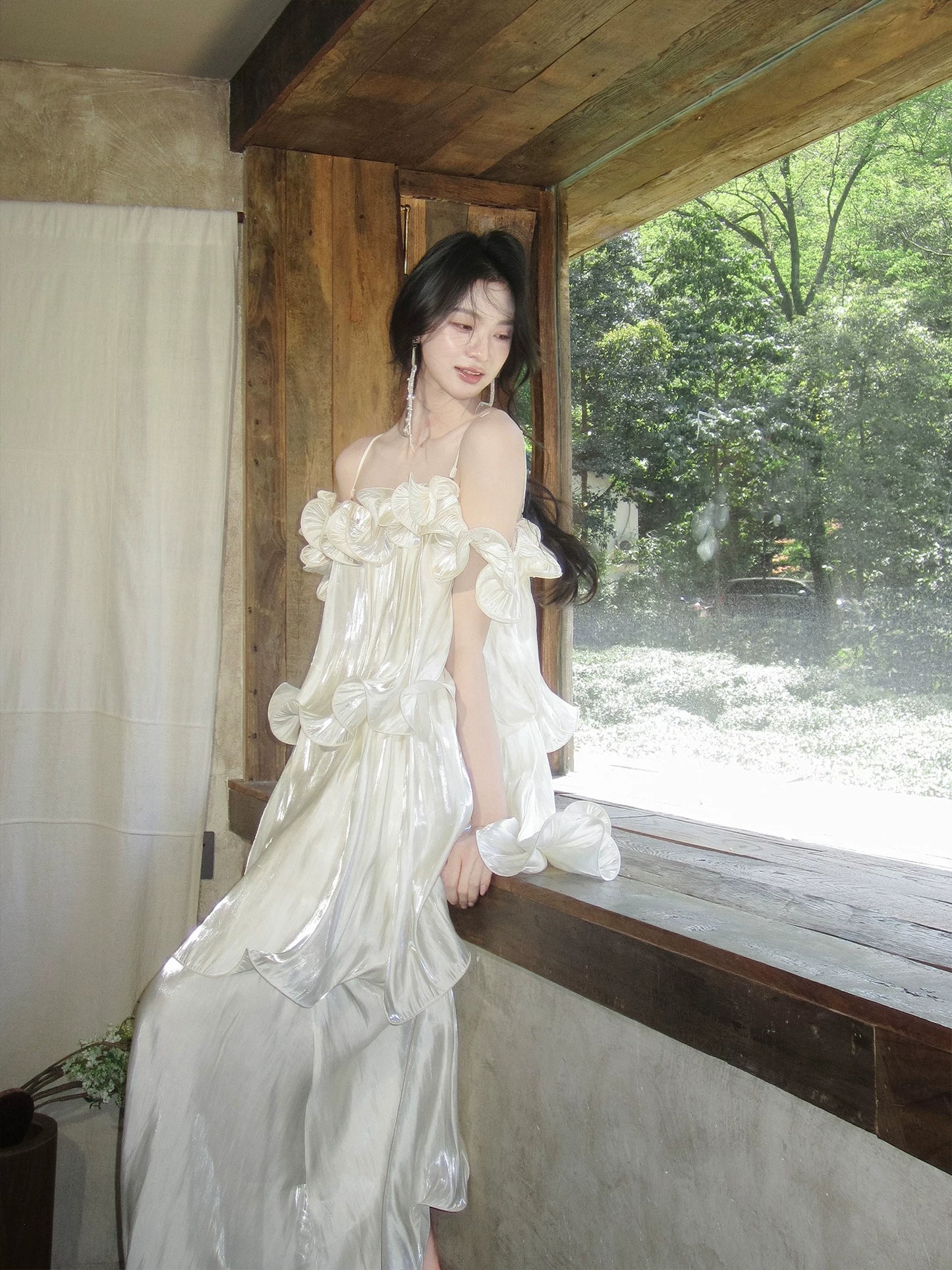 Spaghetti Strap Ruffled Formal Prom Dress Wedding Guest Dress   P1249