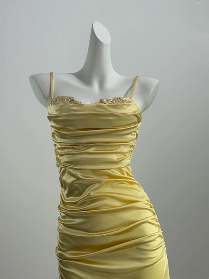 Spaghetti Strap Satin Yellow Prom Dress Formal Evening Dress  P1515