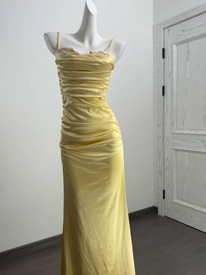 Spaghetti Strap Satin Yellow Prom Dress Formal Evening Dress  P1515