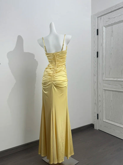 Spaghetti Strap Satin Yellow Prom Dress Formal Evening Dress  P1515