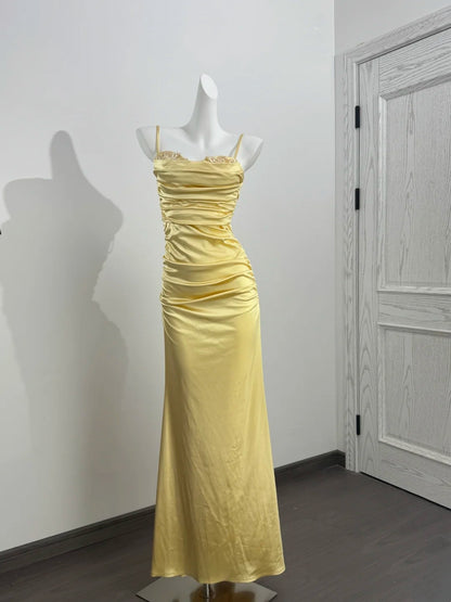 Spaghetti Strap Satin Yellow Prom Dress Formal Evening Dress  P1515