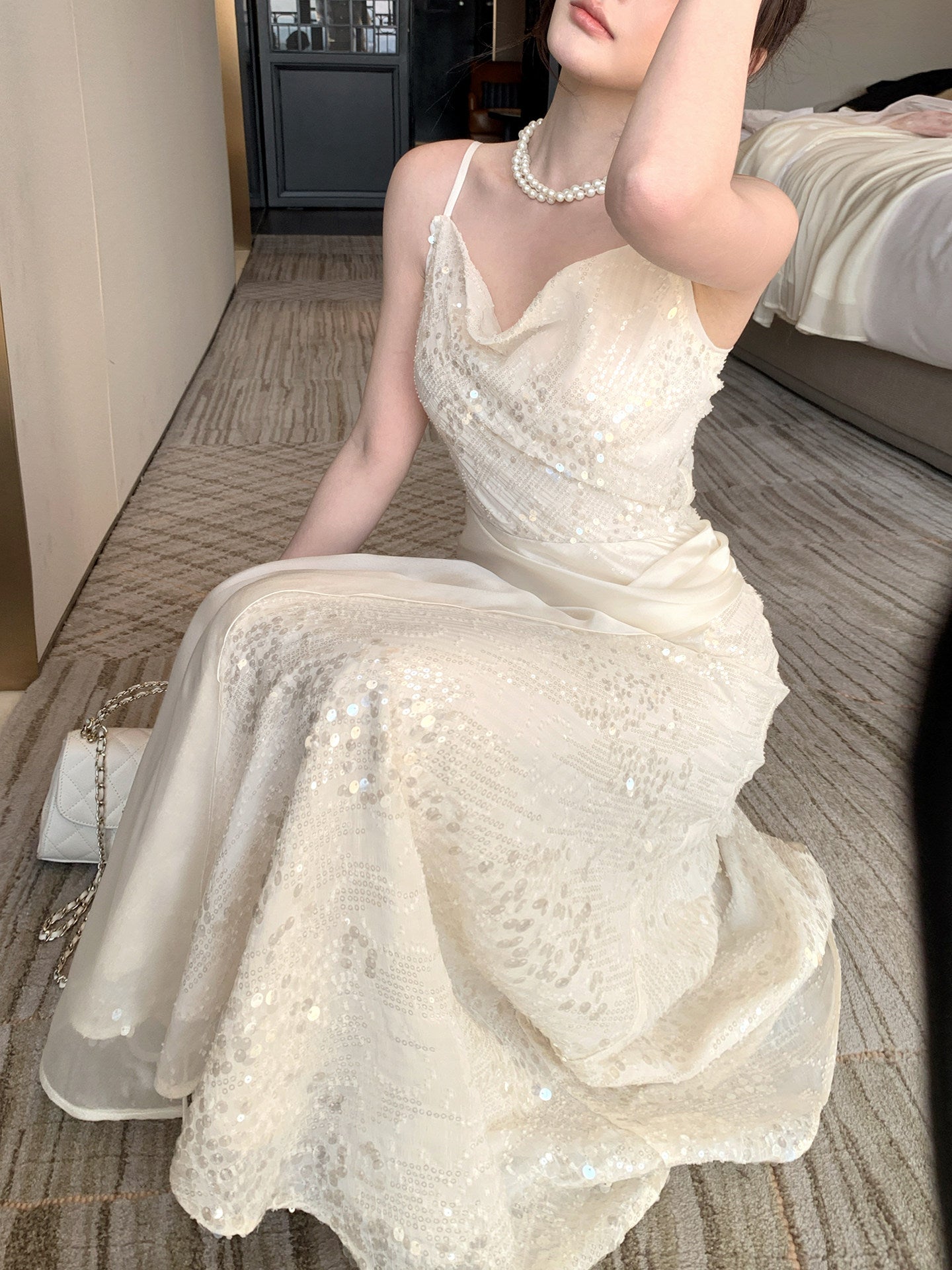 Spaghetti Strap Sequined Dress Tulle Mermaid Prom Dress  L54