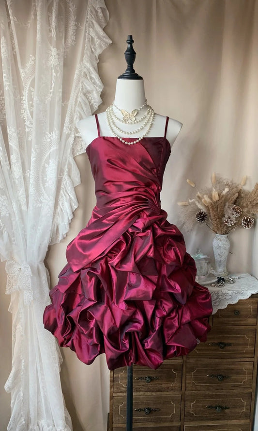 Spaghetti Strap Short Burgundy Taffeta Homecoming Dress  P1377