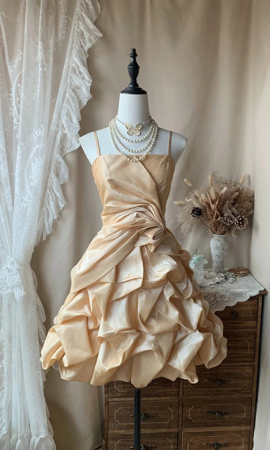 Spaghetti Strap Short Champagne Taffeta Homecoming Dress  P1378
