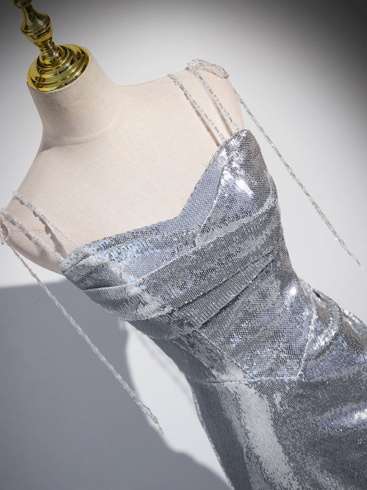 Spaghetti Strap Silver Mermaid Prom Dress Sparkle Formal Evening Dress  P1237