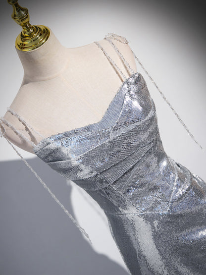 Spaghetti Strap Silver Mermaid Prom Dress Sparkle Formal Evening Dress  P1237