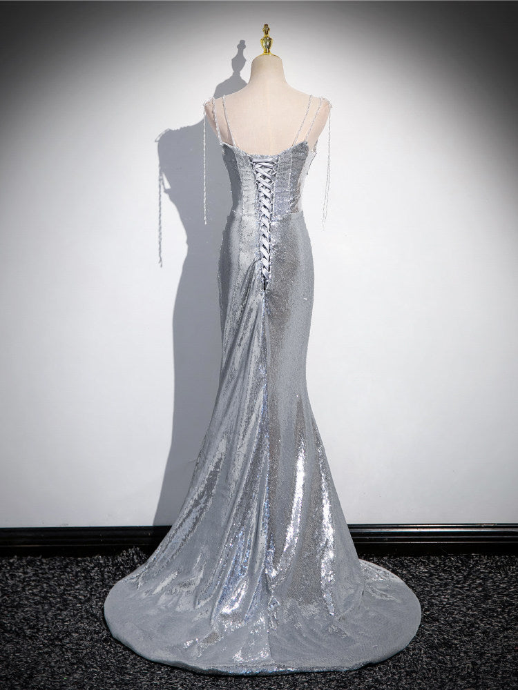 Spaghetti Strap Silver Mermaid Prom Dress Sparkle Formal Evening Dress  P1237