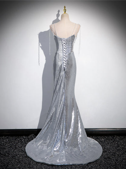 Spaghetti Strap Silver Mermaid Prom Dress Sparkle Formal Evening Dress  P1237