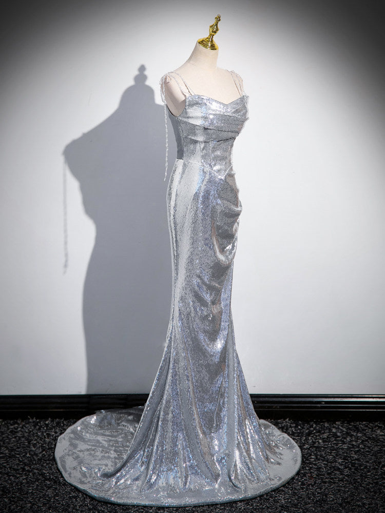 Spaghetti Strap Silver Mermaid Prom Dress Sparkle Formal Evening Dress  P1237