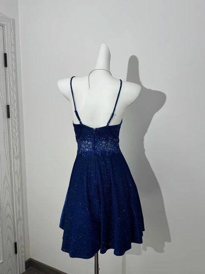 Spaghetti Strap Sparkle A Line Royal Blue Homecoming Dress  P1302