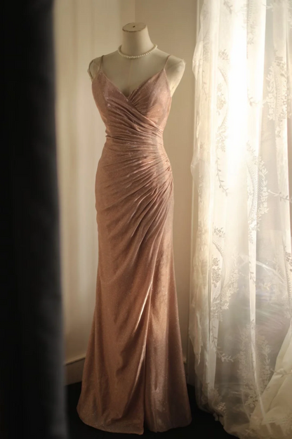 Spaghetti Strap V Neck Pink Prom Dress Mermaid Open Back Evening Dress  P1100