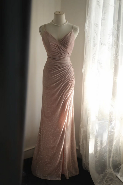 Spaghetti Strap V Neck Pink Prom Dress Mermaid Open Back Evening Dress  P1100