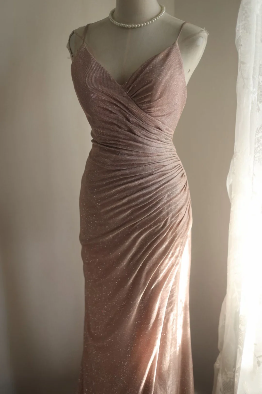 Spaghetti Strap V Neck Pink Prom Dress Mermaid Open Back Evening Dress  P1100