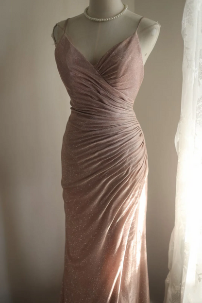 Spaghetti Strap V Neck Pink Prom Dress Mermaid Open Back Evening Dress  P1100