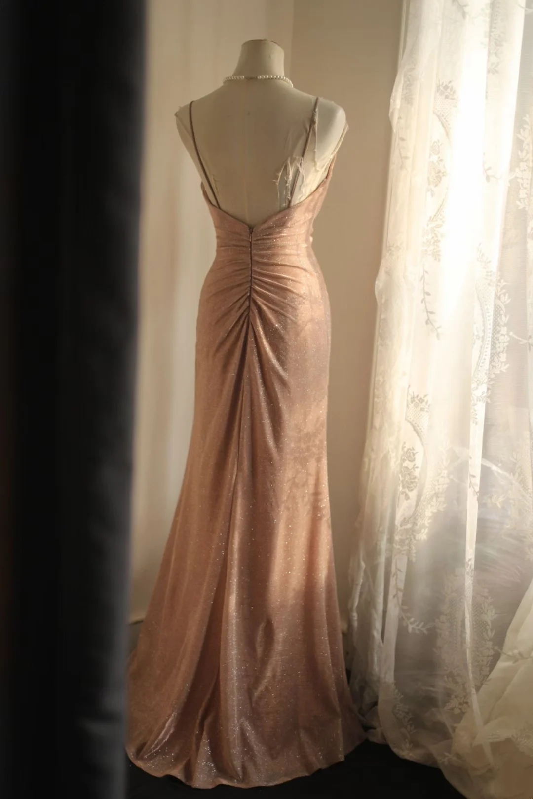 Spaghetti Strap V Neck Pink Prom Dress Mermaid Open Back Evening Dress  P1100