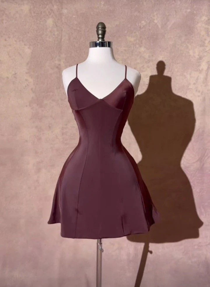 Spaghetti Strap V Neck Satin Burgundy Short Homecoming Dress   P1334