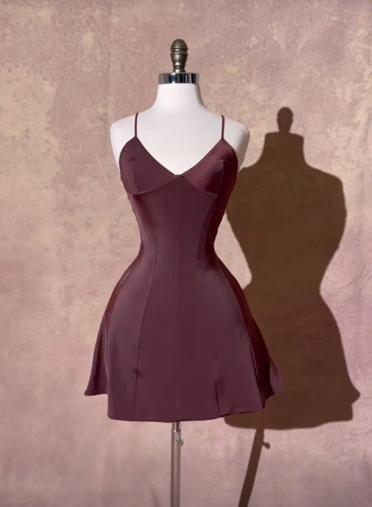 Spaghetti Strap V Neck Satin Burgundy Short Homecoming Dress   P1334