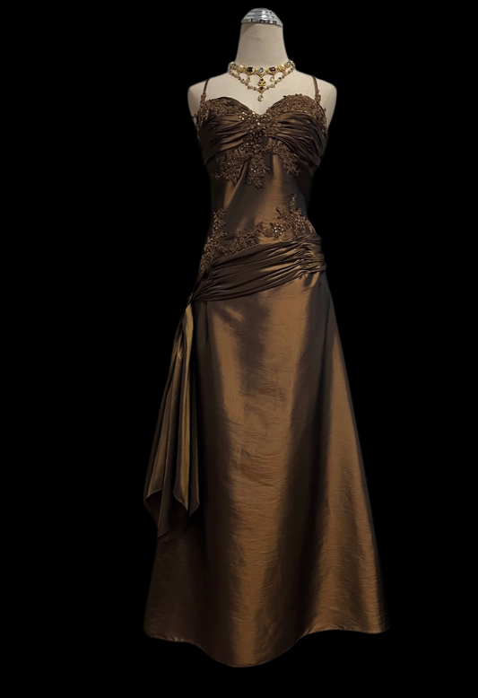 Spaghetti Strap Vintage Brown A Line Prom Dress With Appliques  P1057