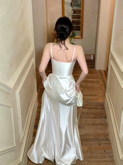 Spaghetti Strap White Mermaid Satin Wedding Dress   P1390