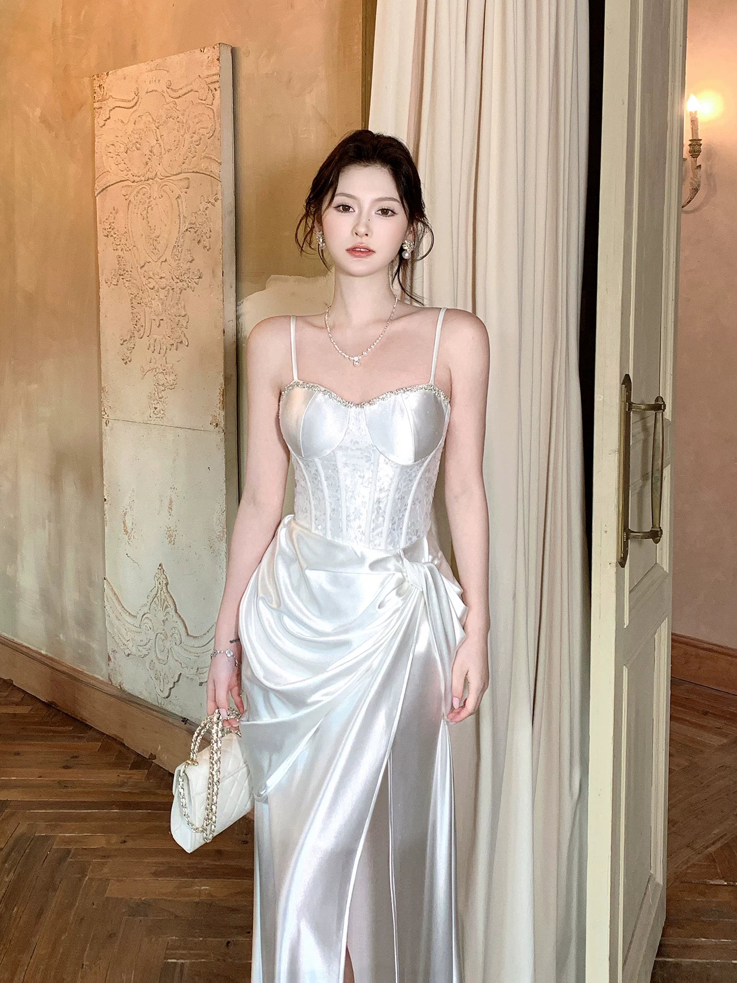 Spaghetti Strap White Mermaid Satin Wedding Dress   P1390
