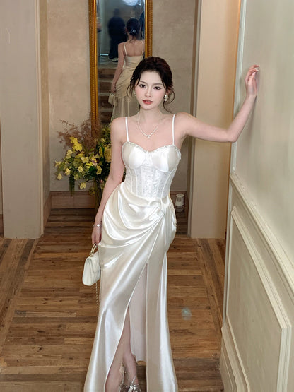 Spaghetti Strap White Mermaid Satin Wedding Dress   P1390