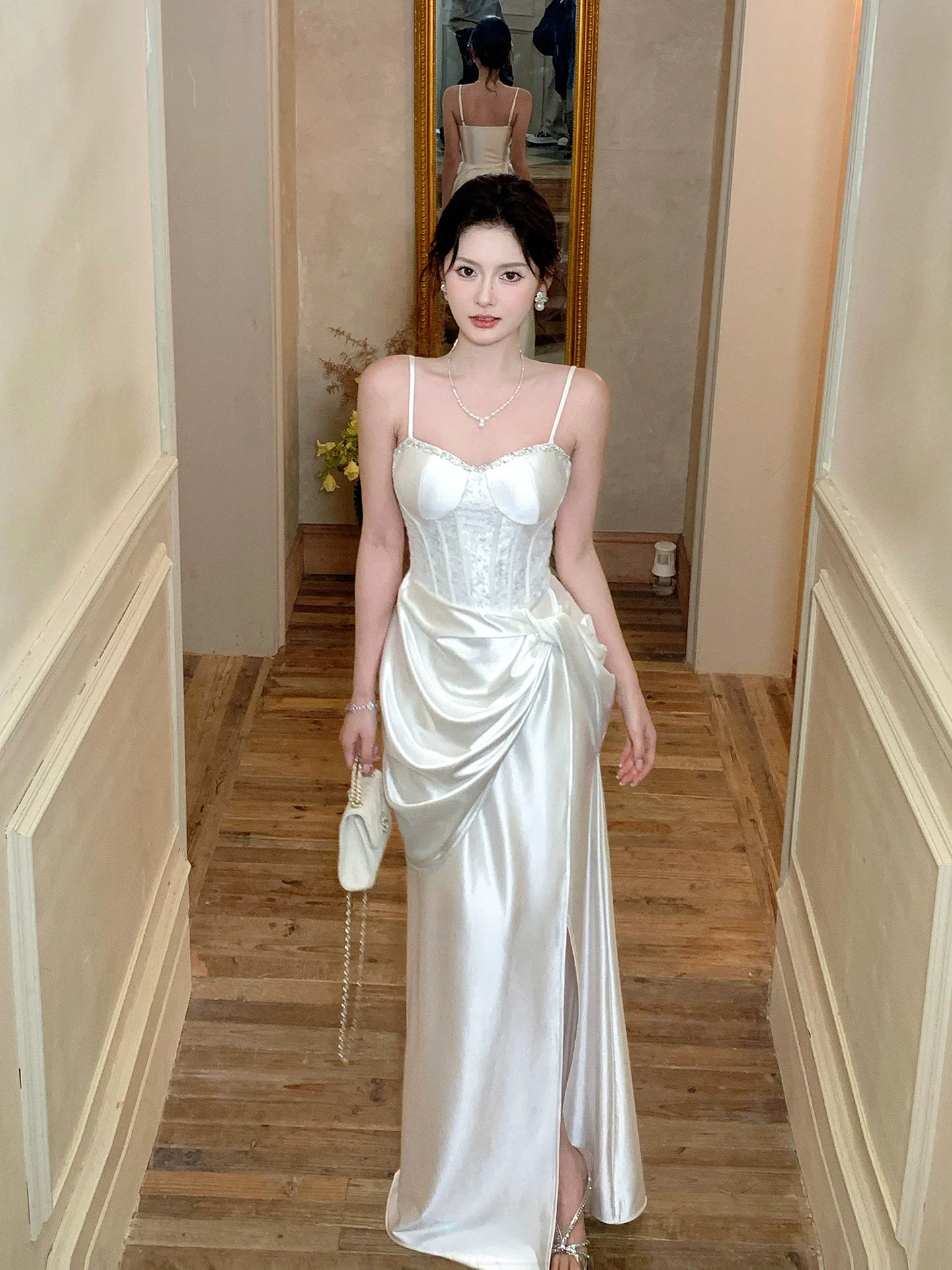 Spaghetti Strap White Mermaid Satin Wedding Dress   P1390