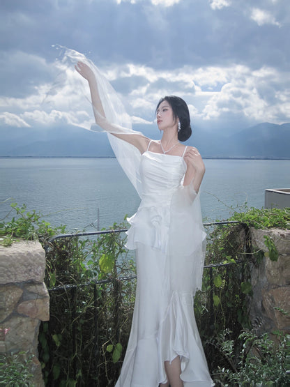 Spaghetti Strap White Sheath Wedding Dress Ruffled Graduation Dress  P1251