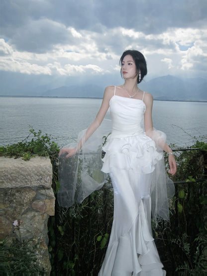 Spaghetti Strap White Sheath Wedding Dress Ruffled Graduation Dress  P1251