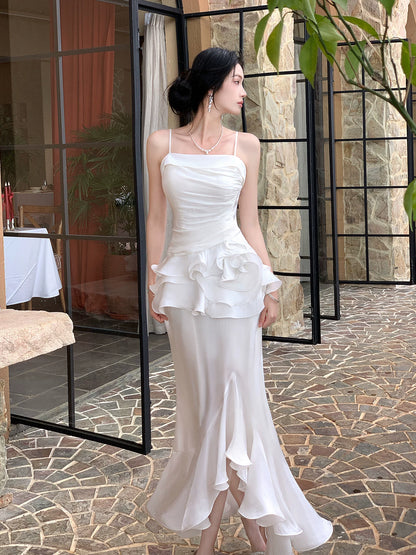 Spaghetti Strap White Sheath Wedding Dress Ruffled Graduation Dress  P1251